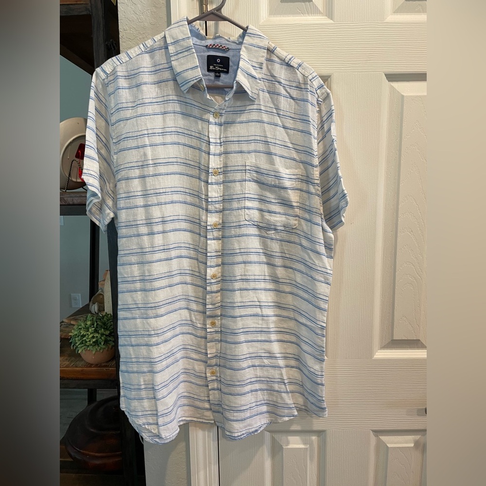 Ben Sherman Men’s Linen blend button up short sleeve blue white striped shirt